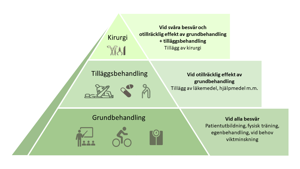 Behandlingsinsatsen vid artros ökar stegvis tills patienten uppnår effekt. De flesta erhåller effekt enbart av grundbehandling (första steget). En mindre andel behöver genomgå kirurgi (översta steget). Figuren är därför pyramidformad.